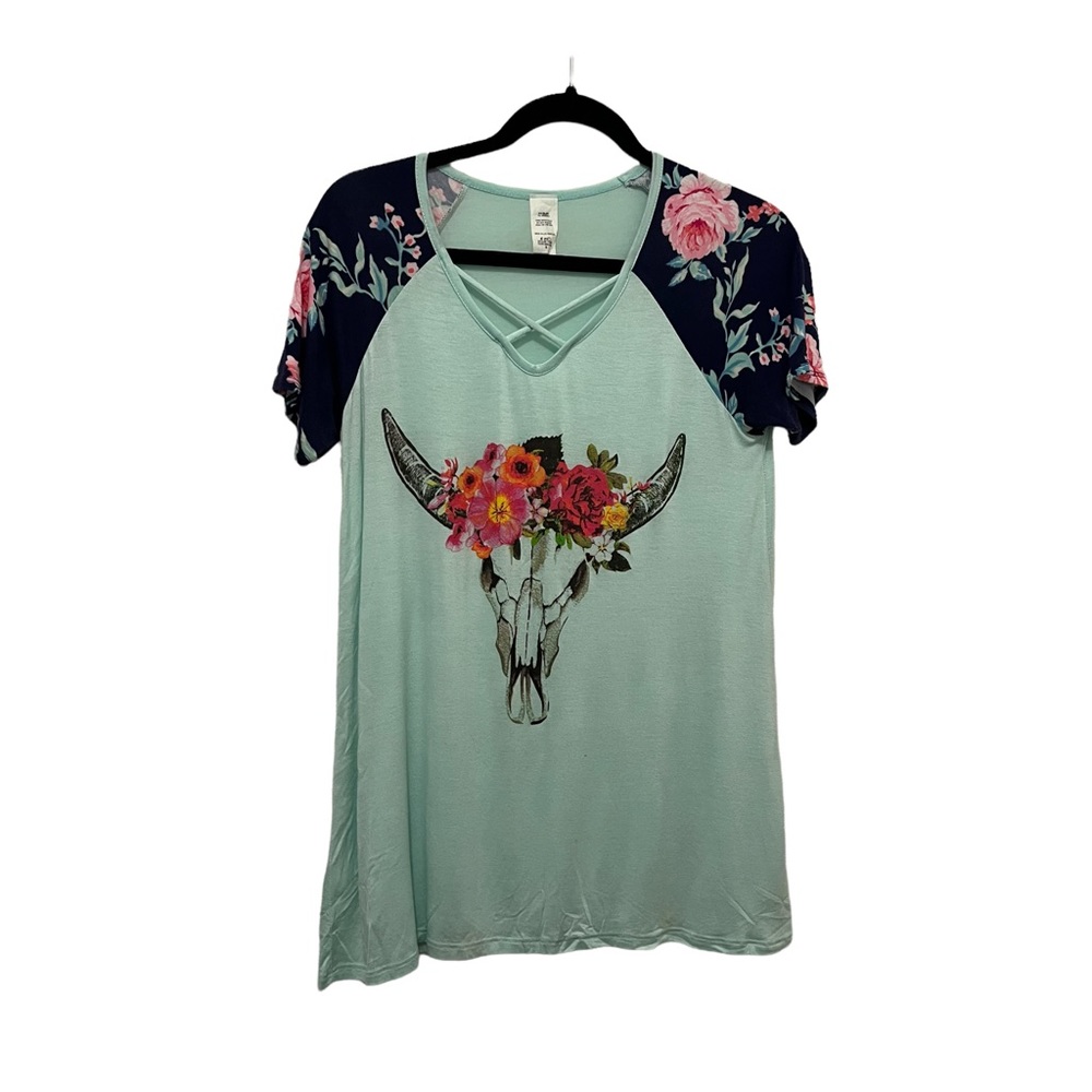 Womens Teal Floral Bull Cow Skull Criss Cross Short Sleeves Top V Neck Blouse S